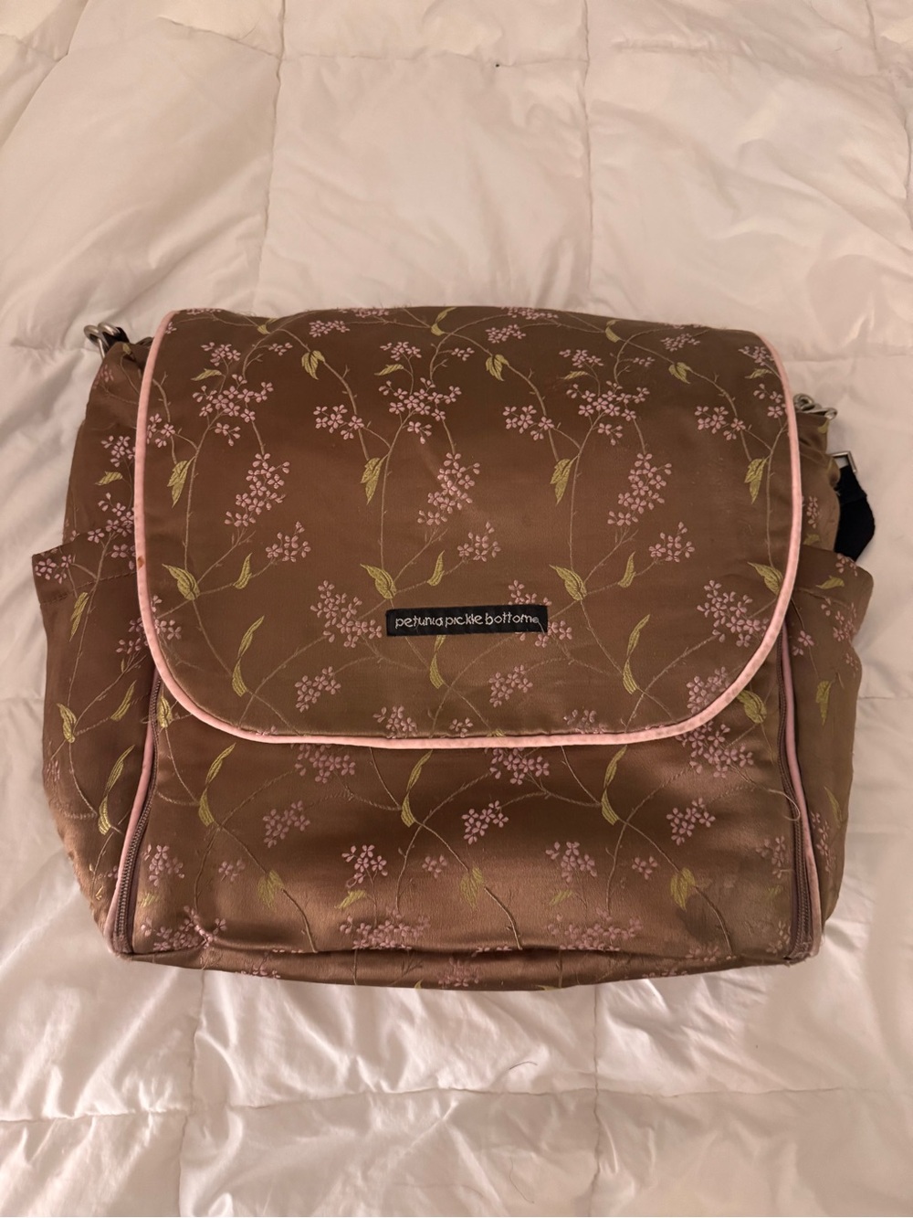 Petunia Pickle Bottom Brown Floral Diaper Bag with Pink Trim